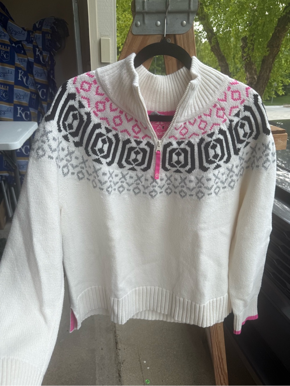 Talbots Cream Fair Isle Half-Zip Sweater with Pink & Black Pattern